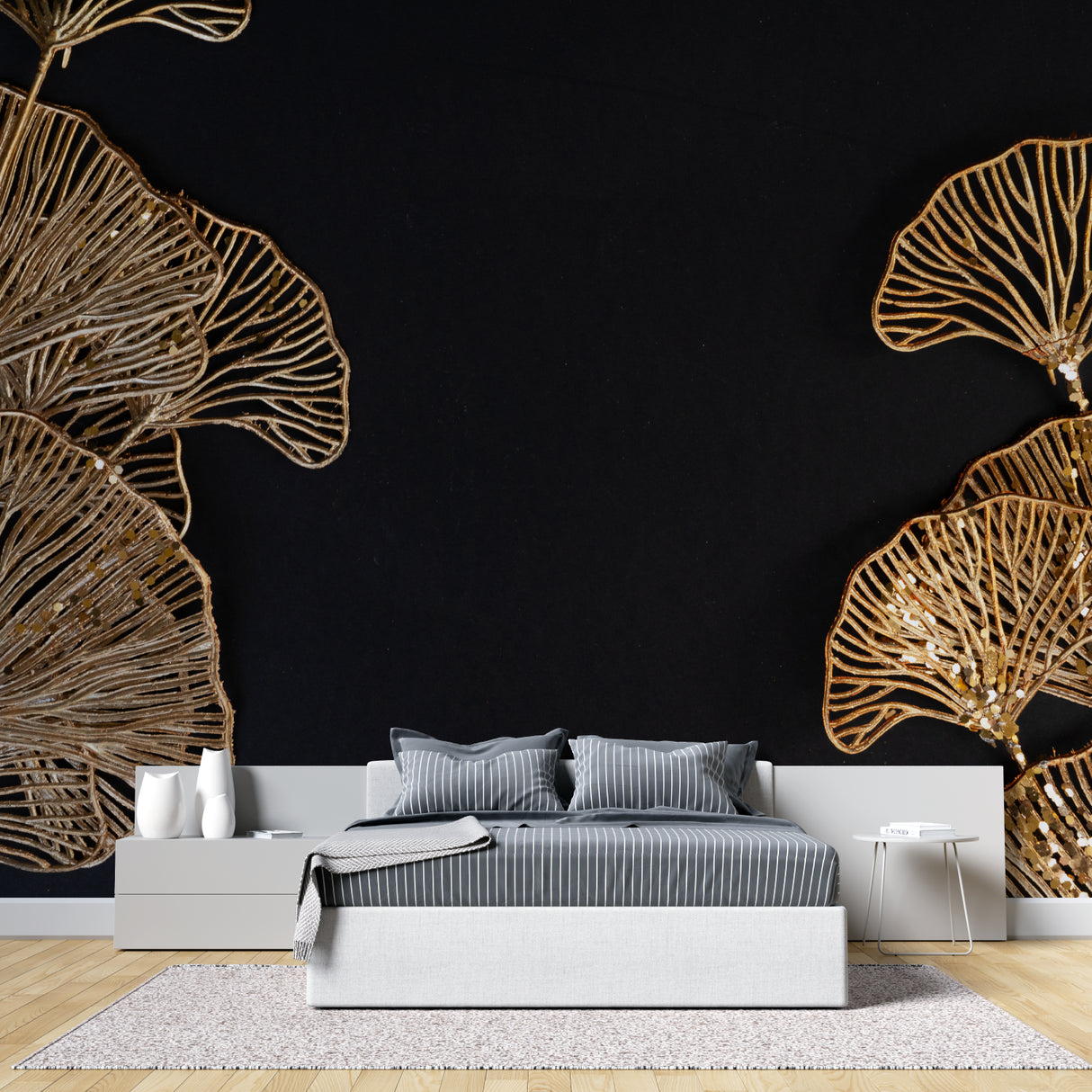 Black and gold Ginkgo leaf wallpaper in modern living room setting