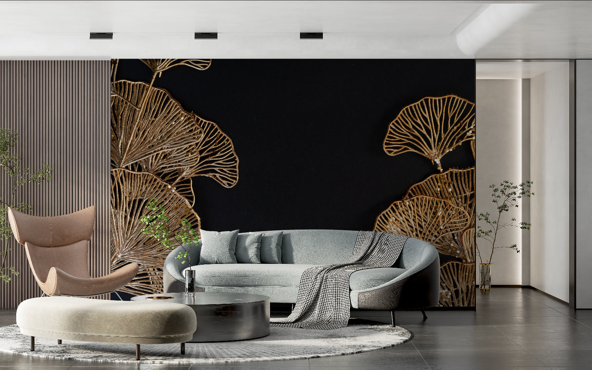 Elegant dining room featuring black and gold botanical wallpaper