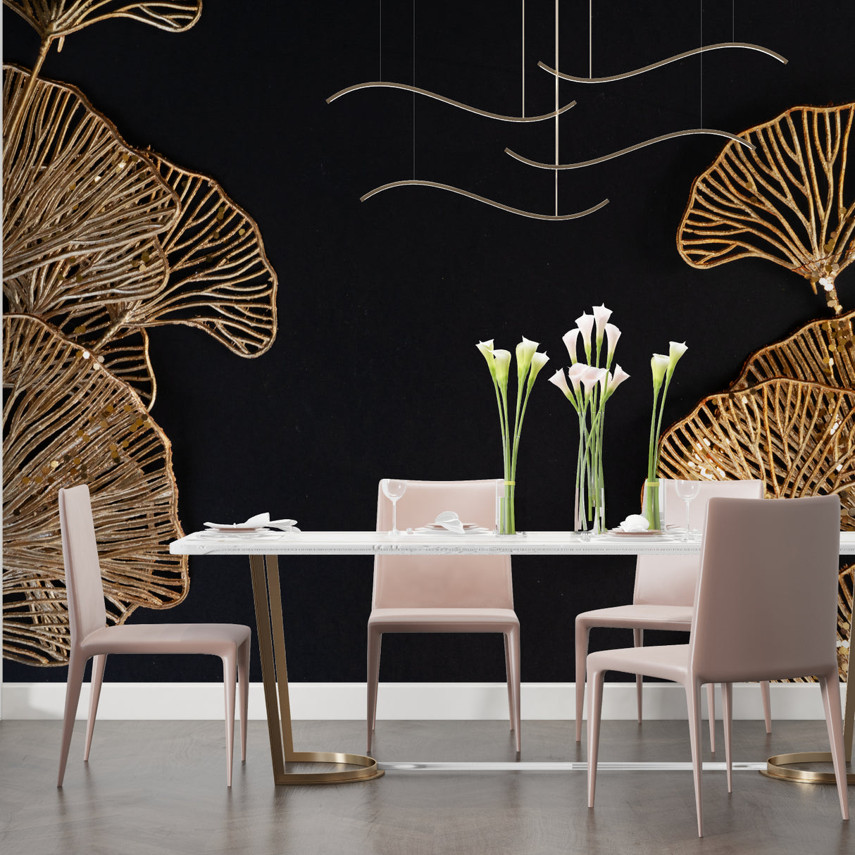 Master bedroom with dramatic Ginkgo leaf accent wall