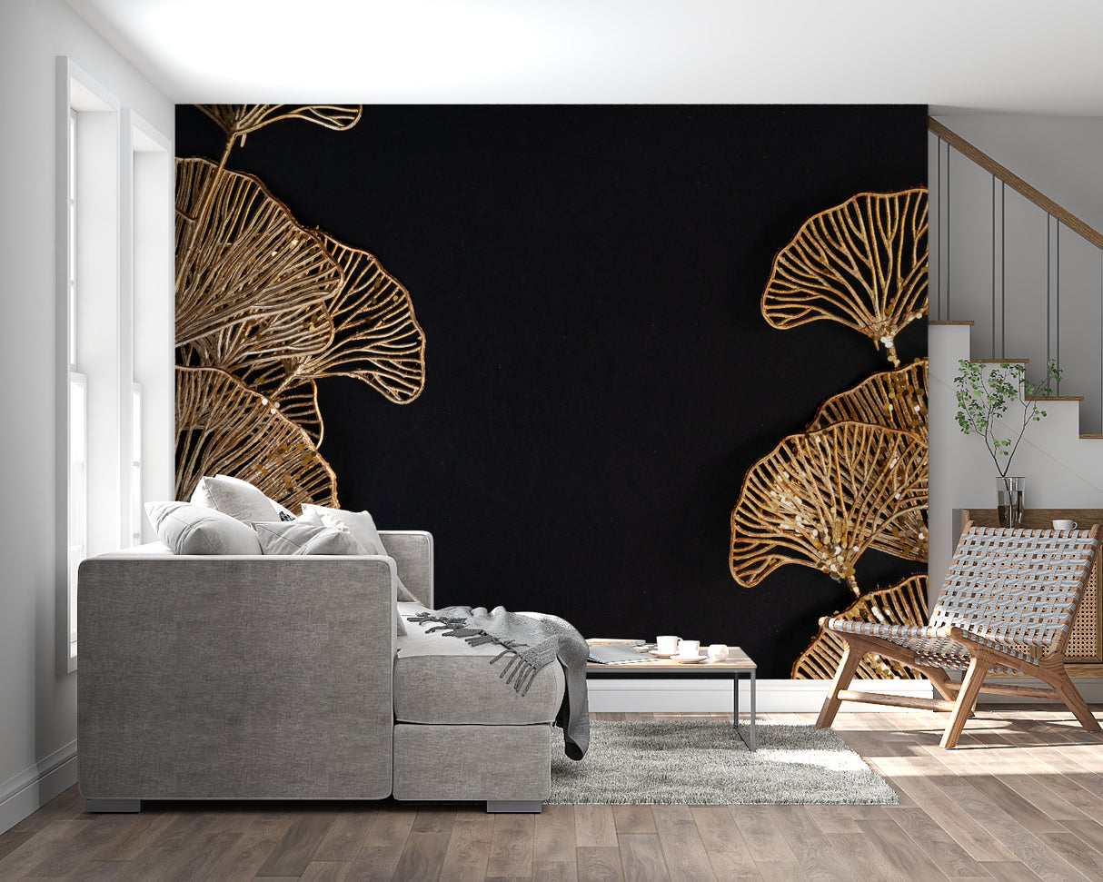 Home office showcasing black and gold botanical mural