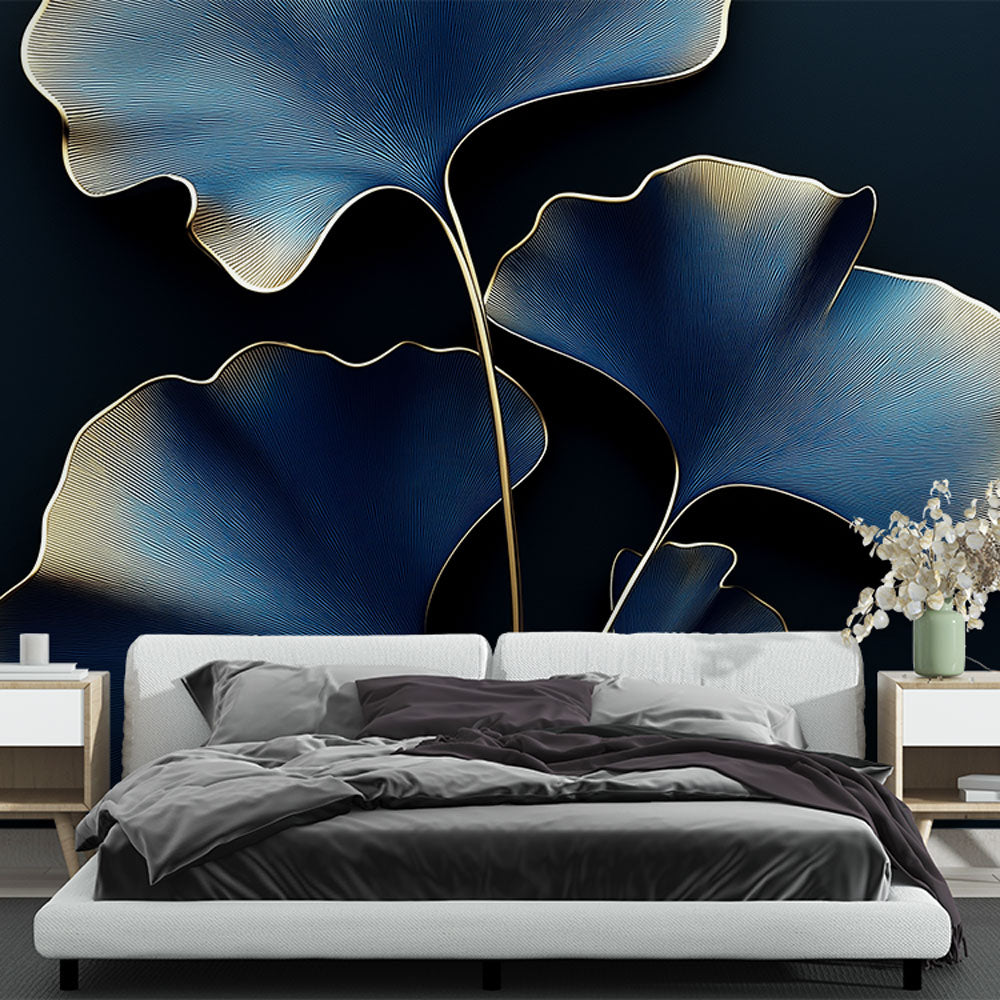 Ginkgo leaf wallpaper in modern dining room, deep blue and gold tones create elegant atmosphere with metallic accents