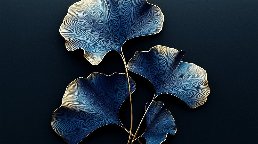 Blue and gold ginkgo leaf pattern design file showing detailed botanical art against deep background
