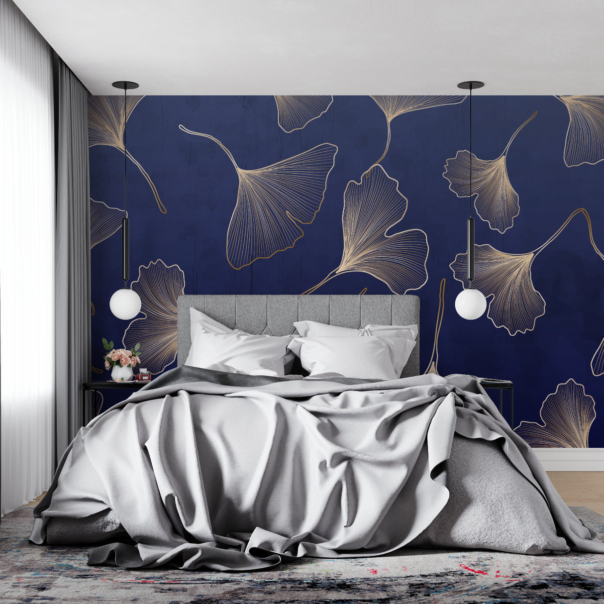 Metallic Ginkgo pattern wall mural in master bedroom with white bedding