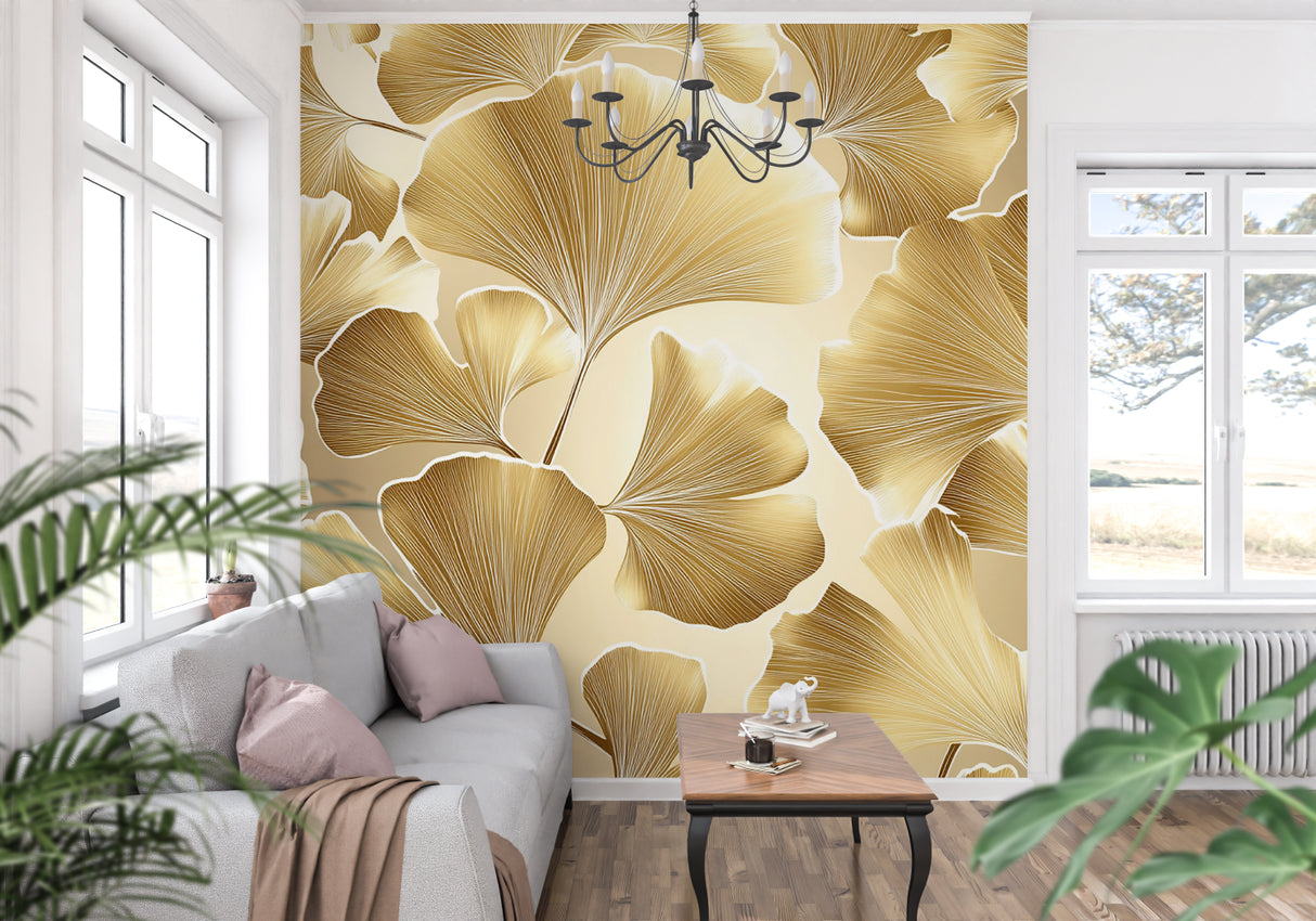 Golden Ginkgo art deco wallpaper in modern living room with gray sofa and natural light