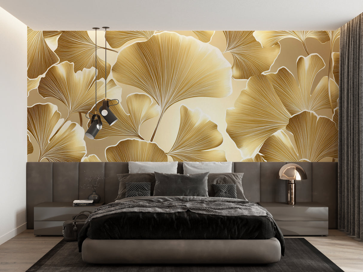 Art deco ginkgo wall mural creating warm atmosphere in master bedroom