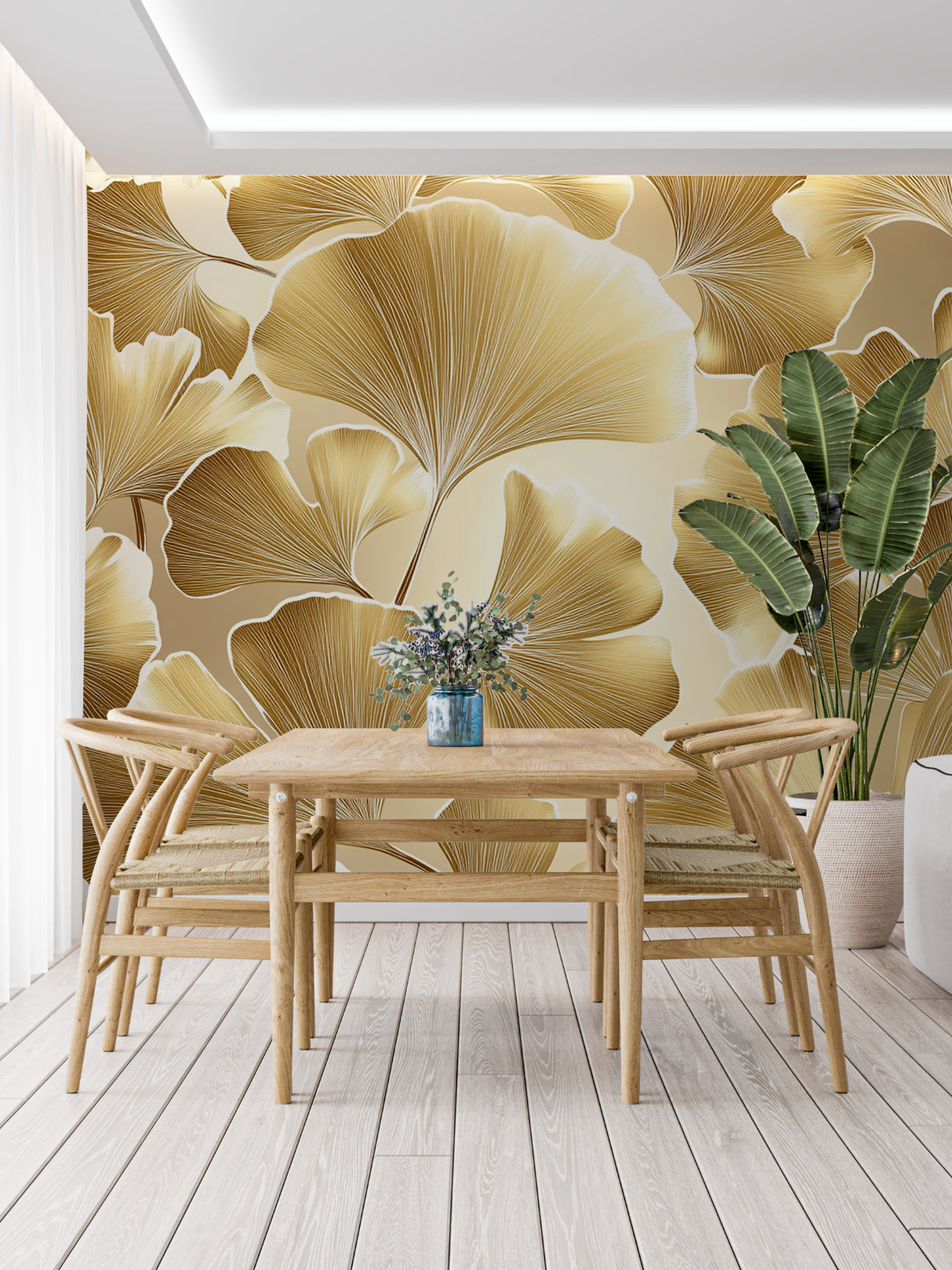 Luxury golden leaf wallpaper in dining room with pendant lights
