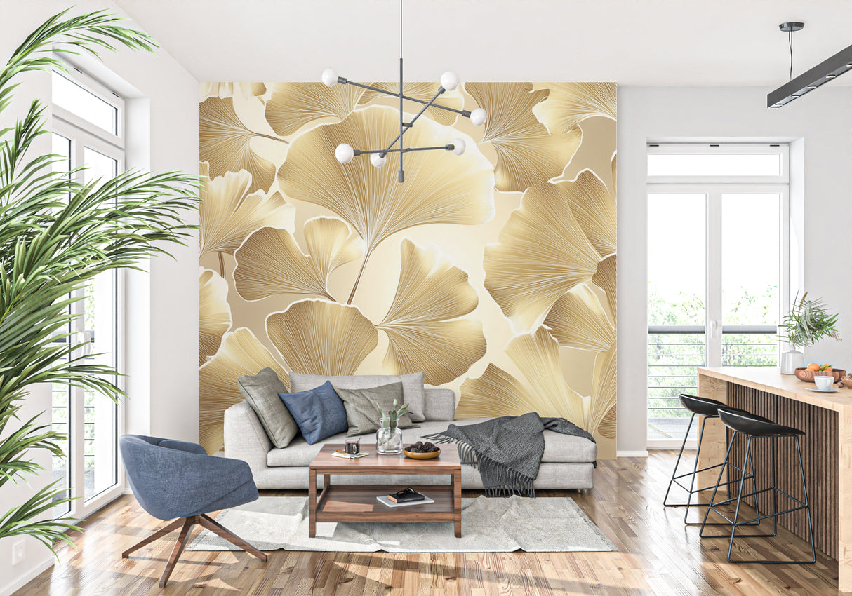 Ginkgo leaves pattern mural in home office with wooden desk