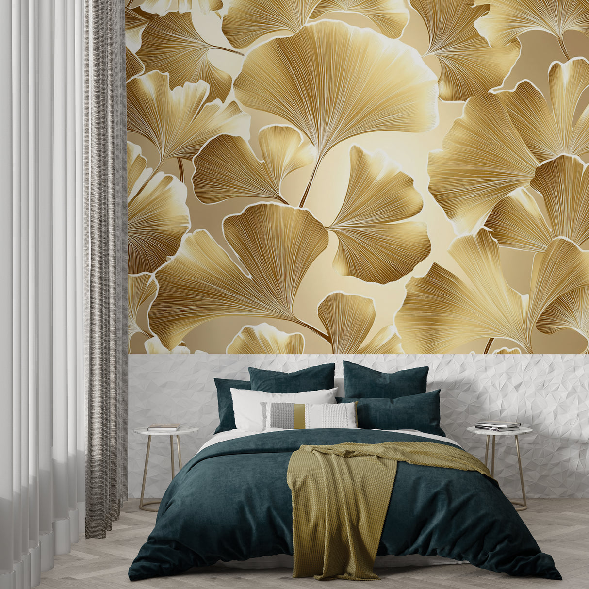 Art deco wall mural featuring gold ginkgo leaves in hallway