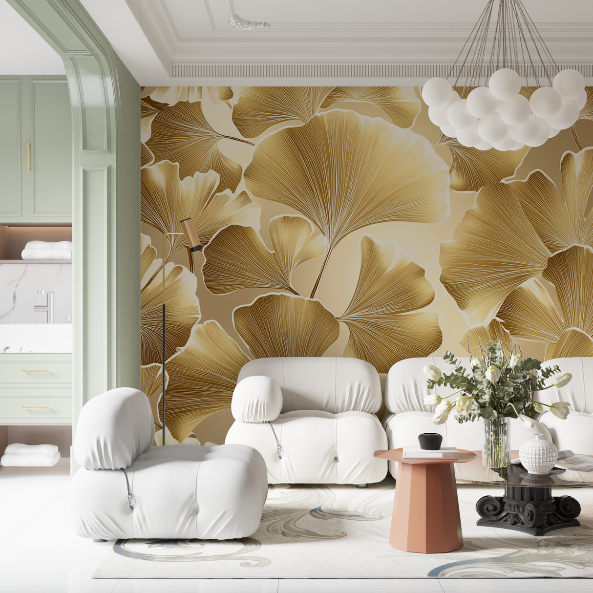 Gold Ginkgo Leaf Wallpaper in modern dining room, art deco metallic pattern casting warm glow on elegant table setting