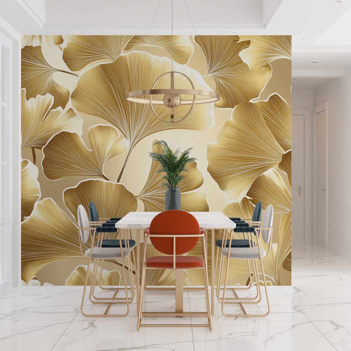 Luxury master bedroom with Golden Ginkgo Art Deco Wallpaper, creating soft ambient lighting effect