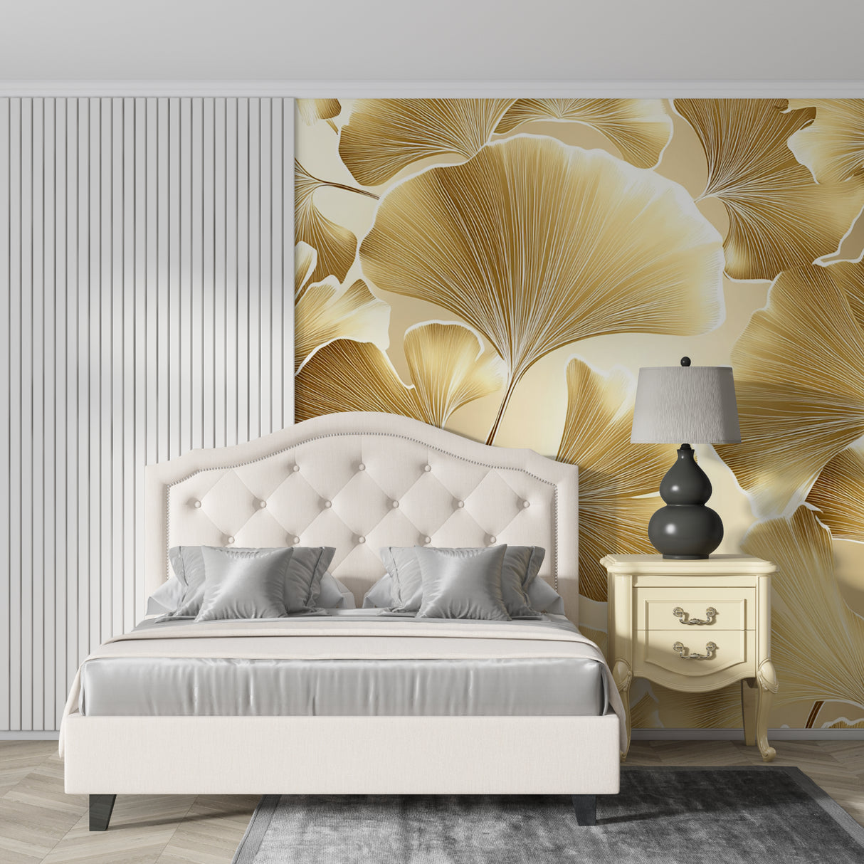 Home office featuring Gold Ginkgo Leaf Mural, showing scale of pattern in professional setting