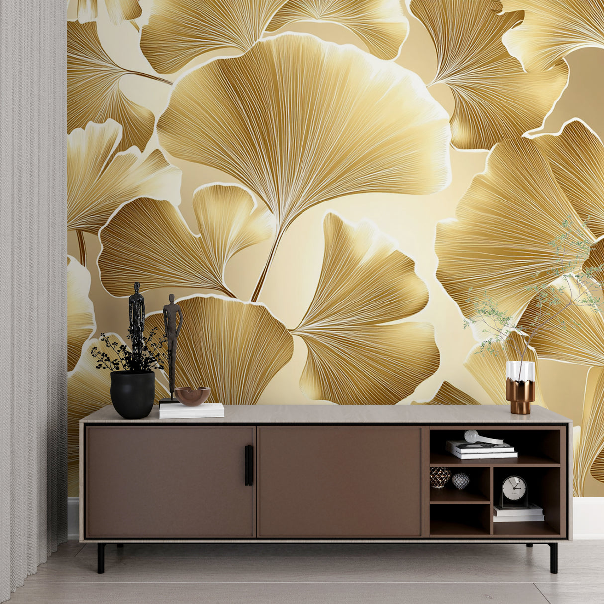 Boutique hotel lobby showcasing Golden Ginkgo Pattern Wallpaper with evening lighting