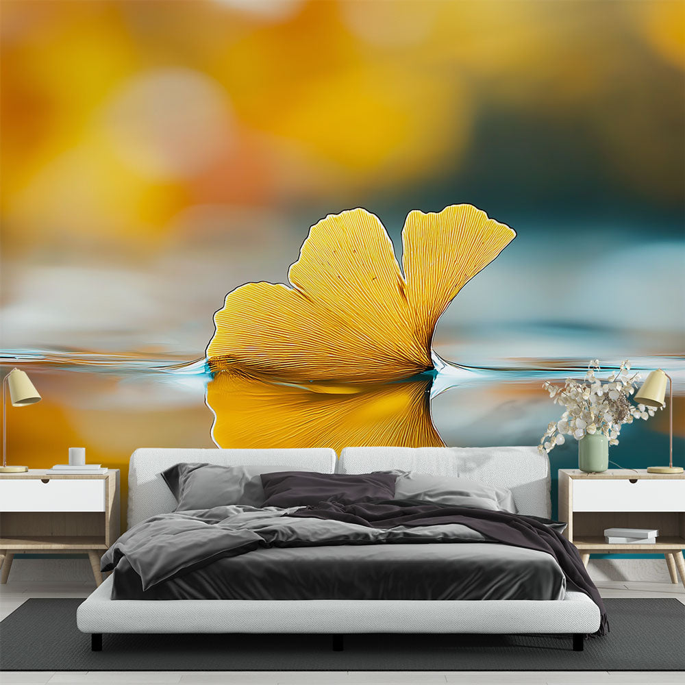 Golden Ginkgo Leaf Wallpaper creating a zen atmosphere in a modern living room with natural light
