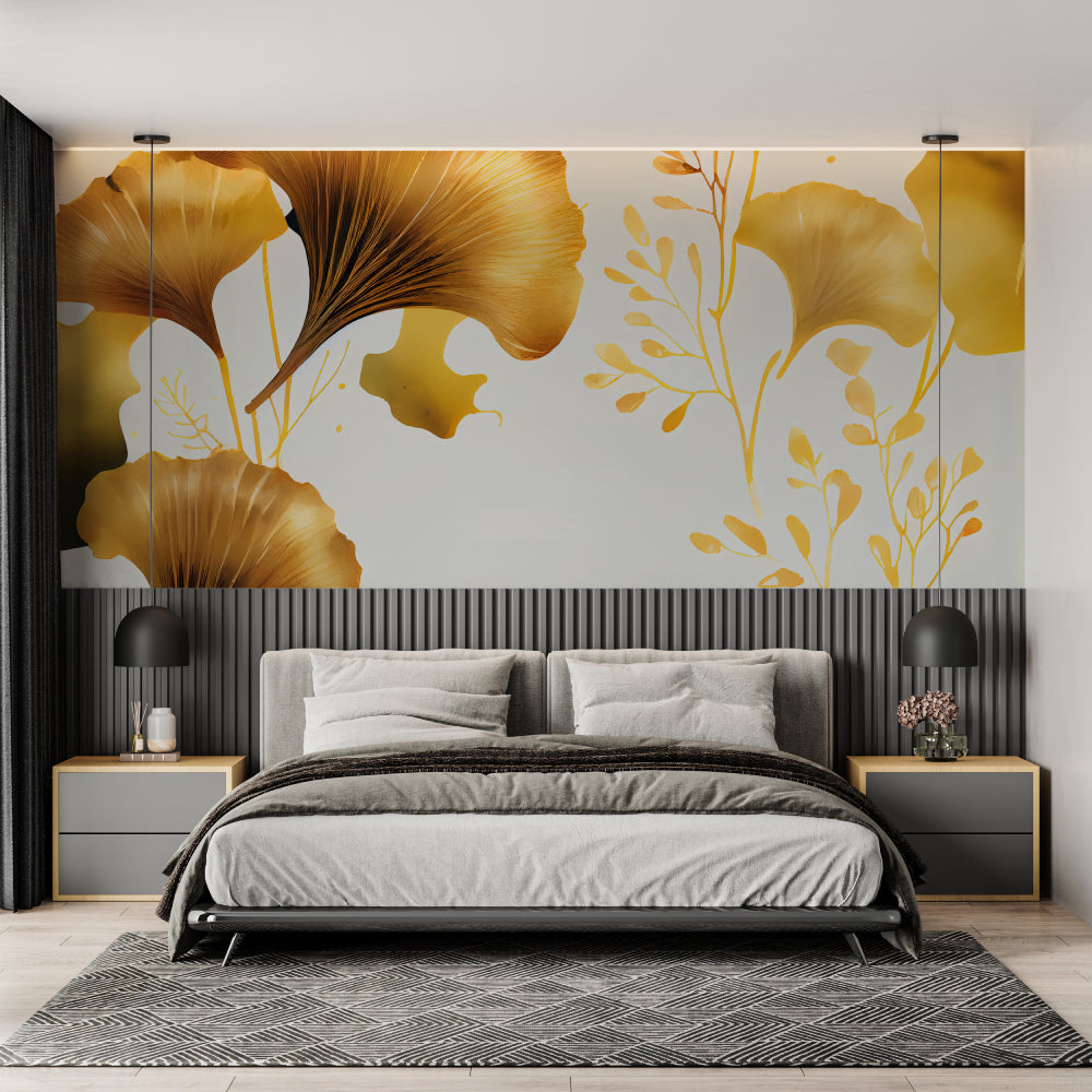 Golden Ginkgo leaf wallpaper in modern dining room creating warm, inviting atmosphere
