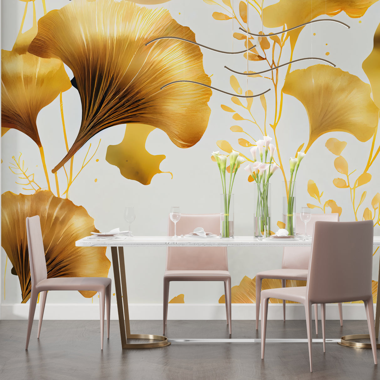 Botanical ginkgo wall mural brightening a cozy living room space
