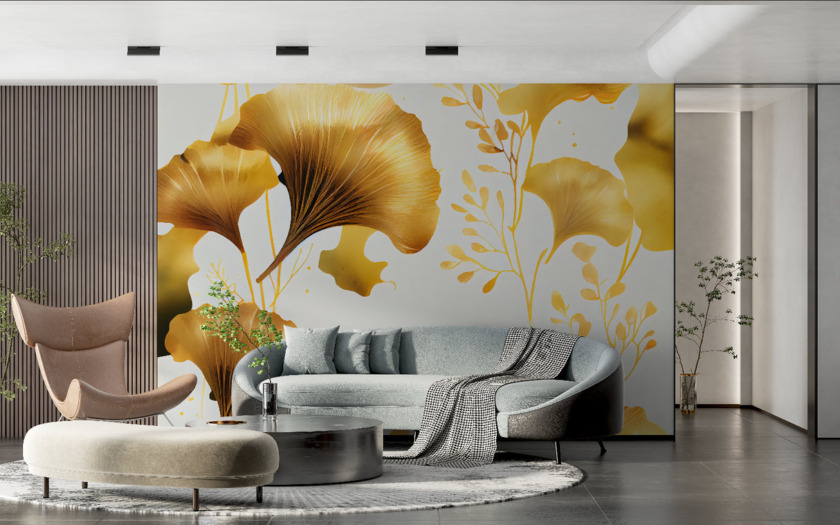 Luxury golden ginkgo wallpaper adding elegance to master bedroom