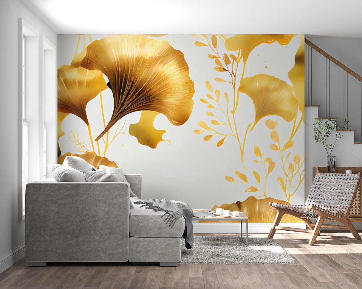 Golden leaf pattern mural making statement in home office setting