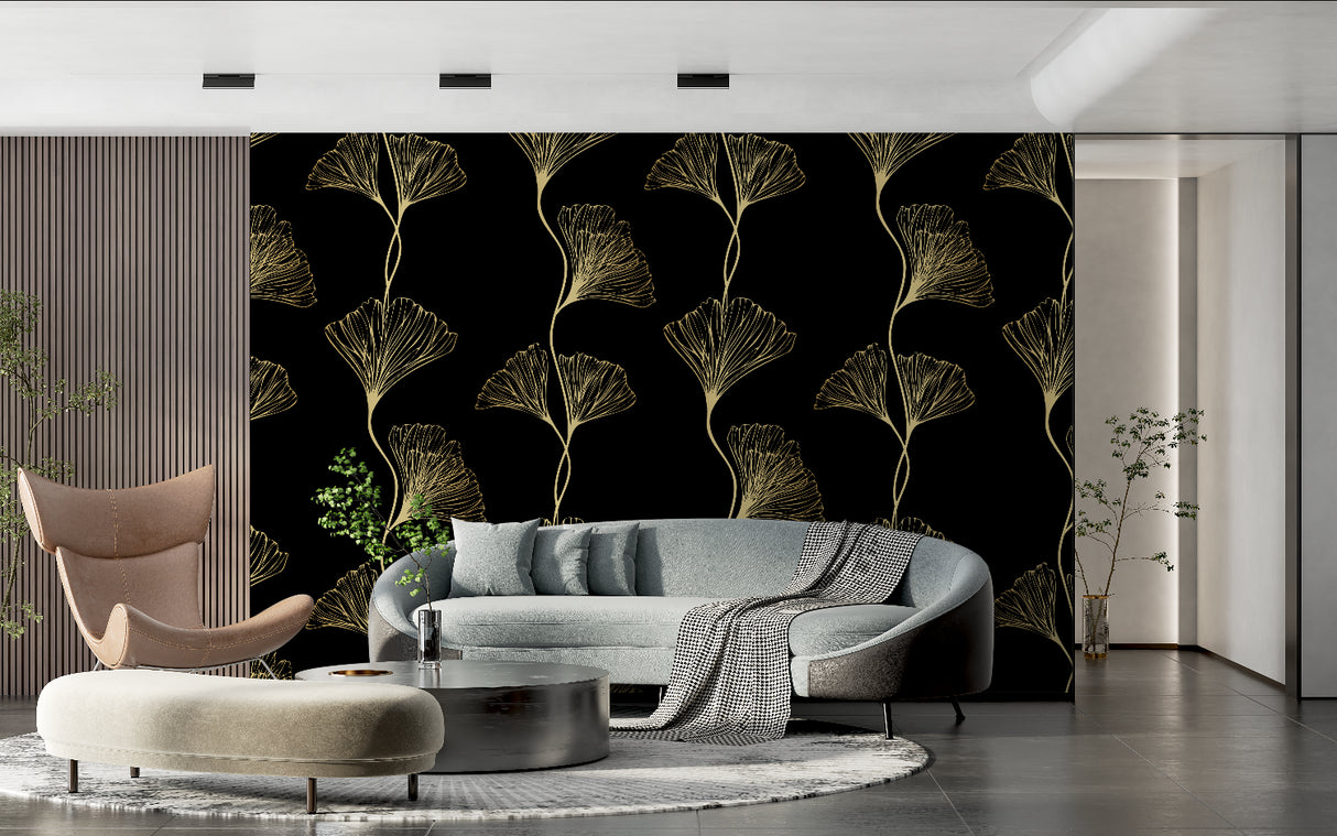 Gold Ginkgo leaf wallpaper in modern dining room creating elegant atmosphere with pendant lights
