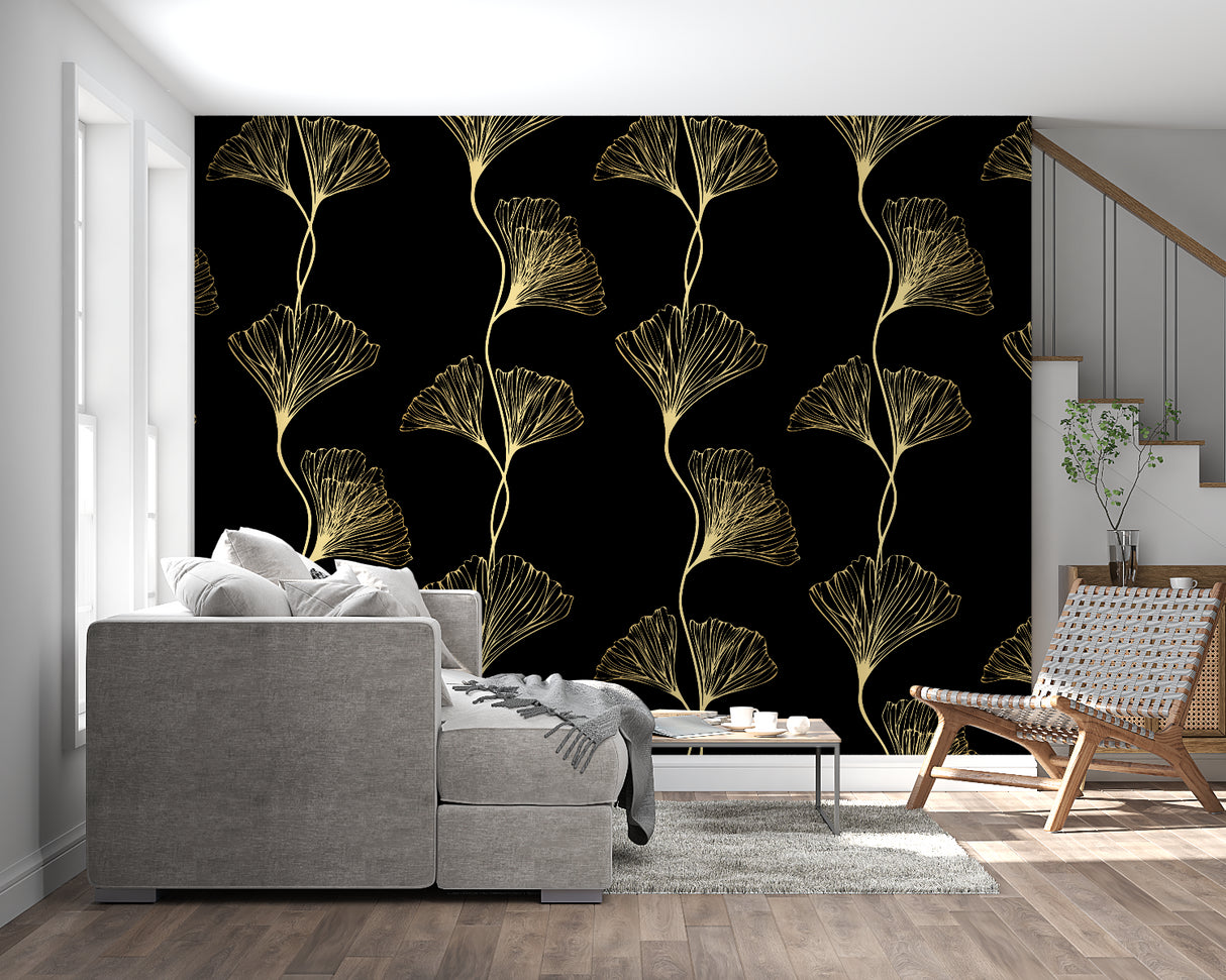 Black and gold botanical wallpaper adding luxury to master bedroom feature wall
