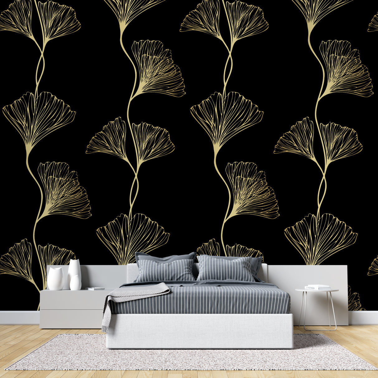 Ginkgo leaf pattern mural in home office space with natural lighting