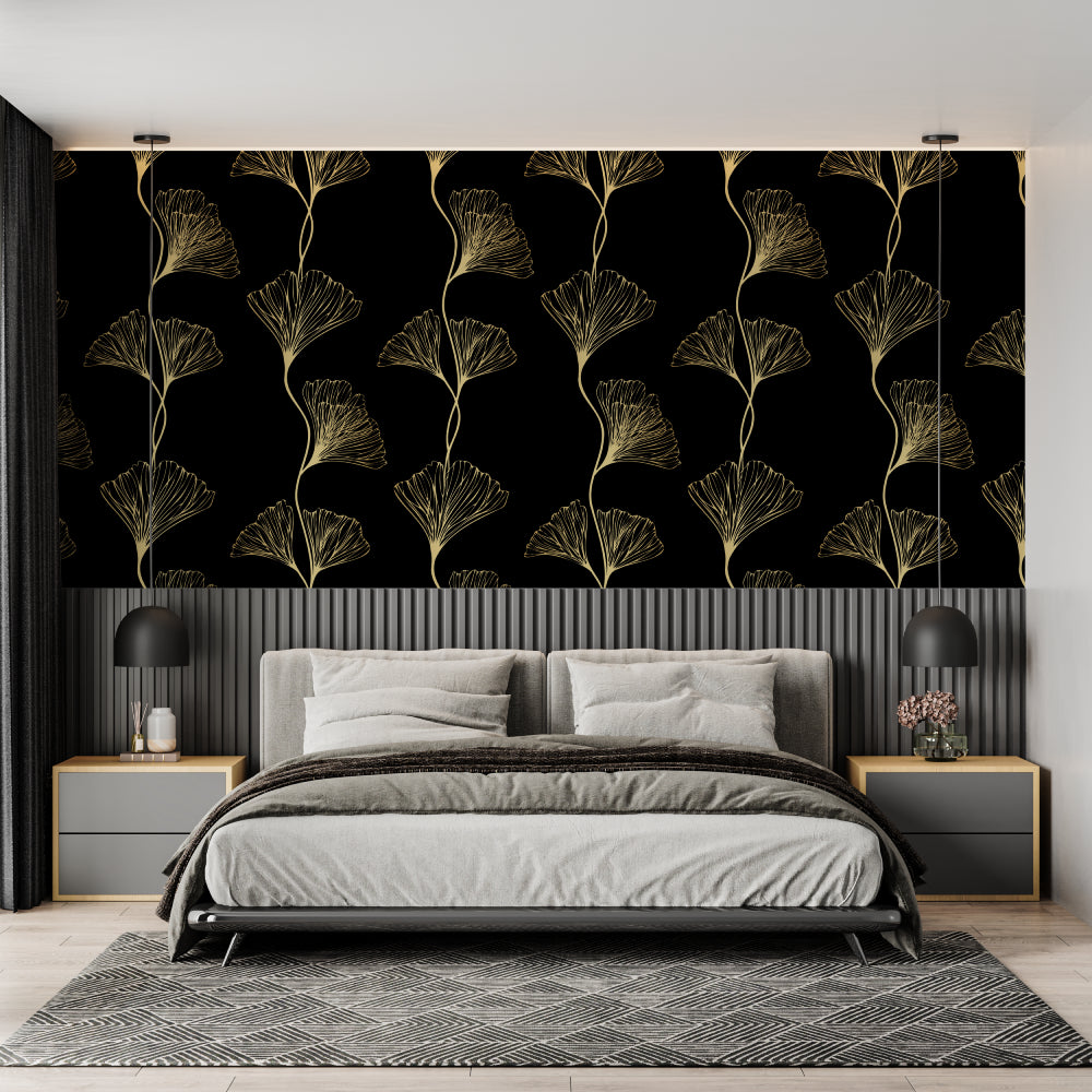 Golden ginkgo wallpaper making statement in modern living room setting