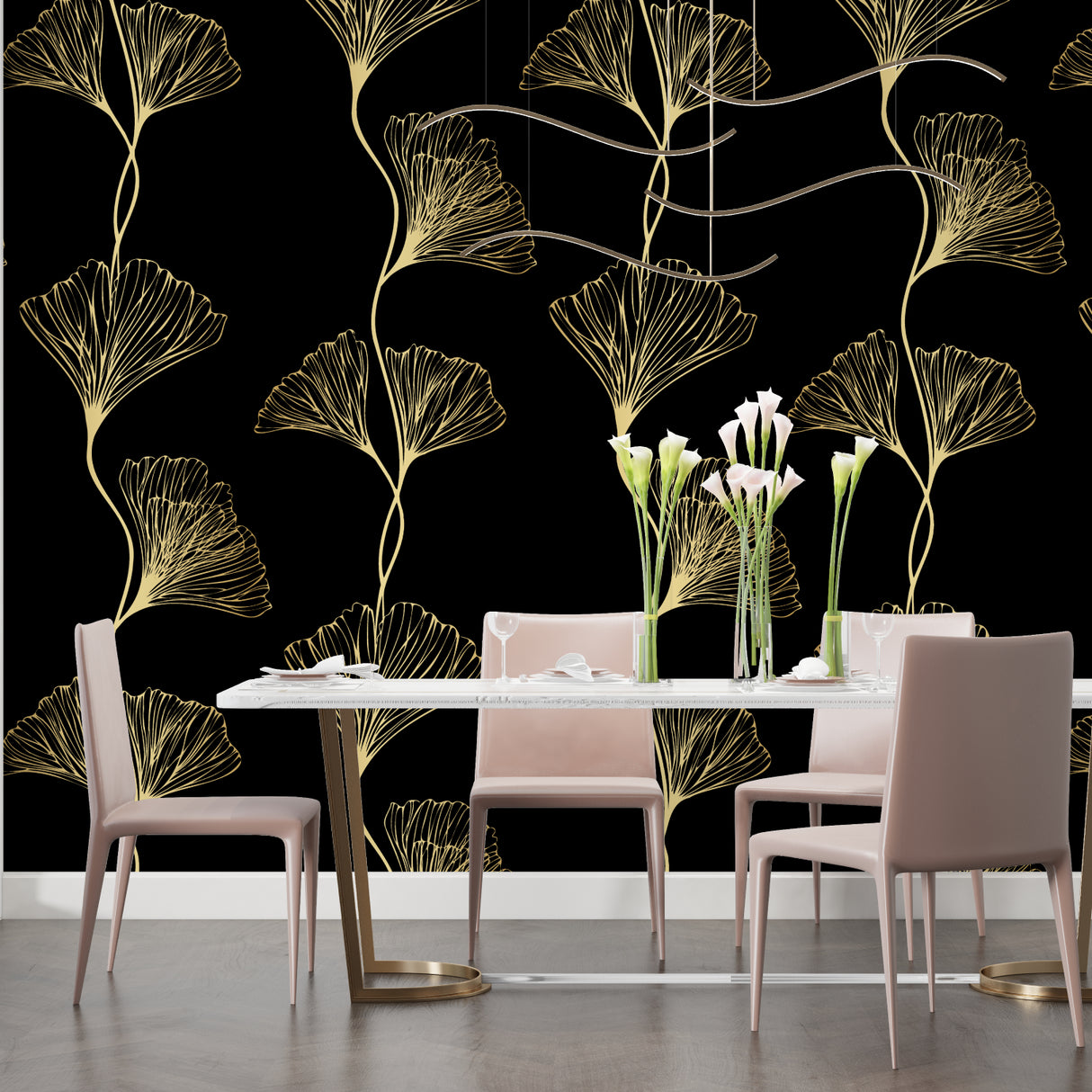 Botanical wall mural creating depth in hallway with accent lighting