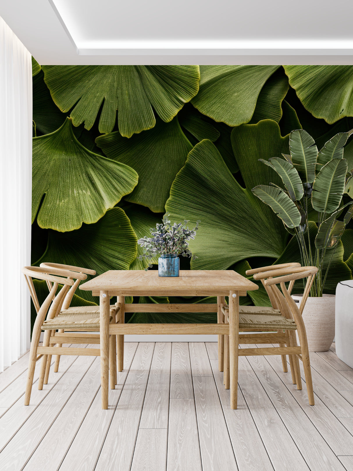 Nature-inspired ginkgo wallpaper transforming a peaceful bedroom space