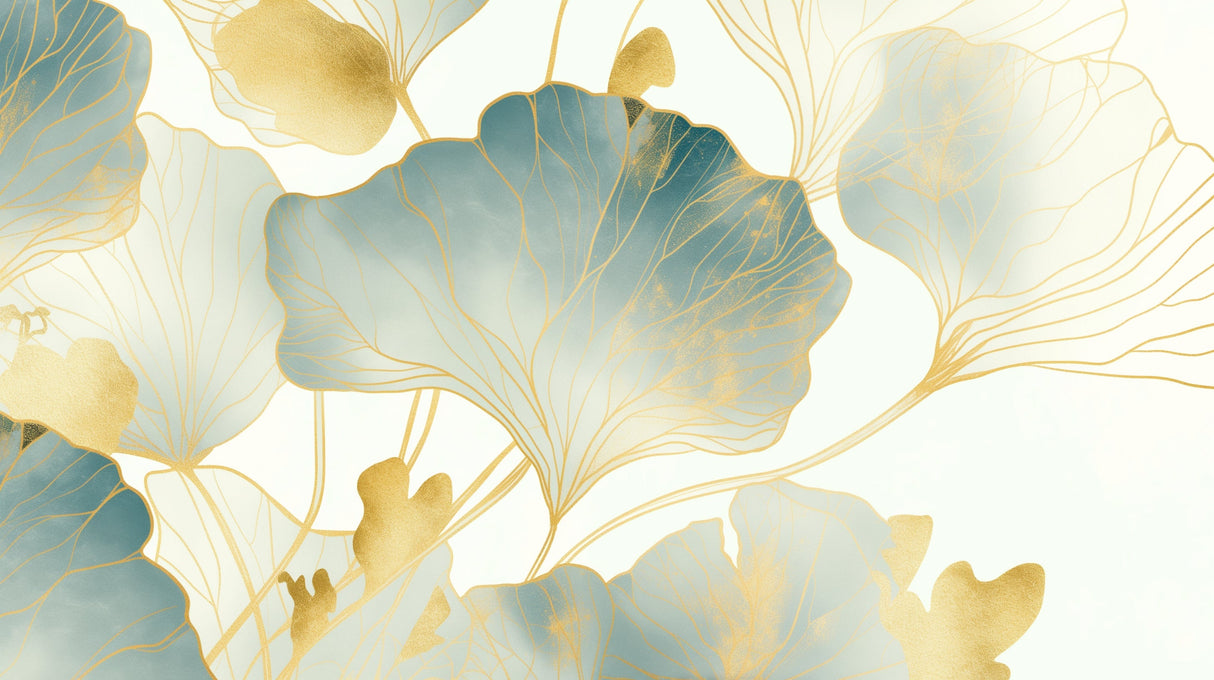 Gold and blue Ginkgo wall mural creating a luxurious backdrop in a modern dining room with soft lighting