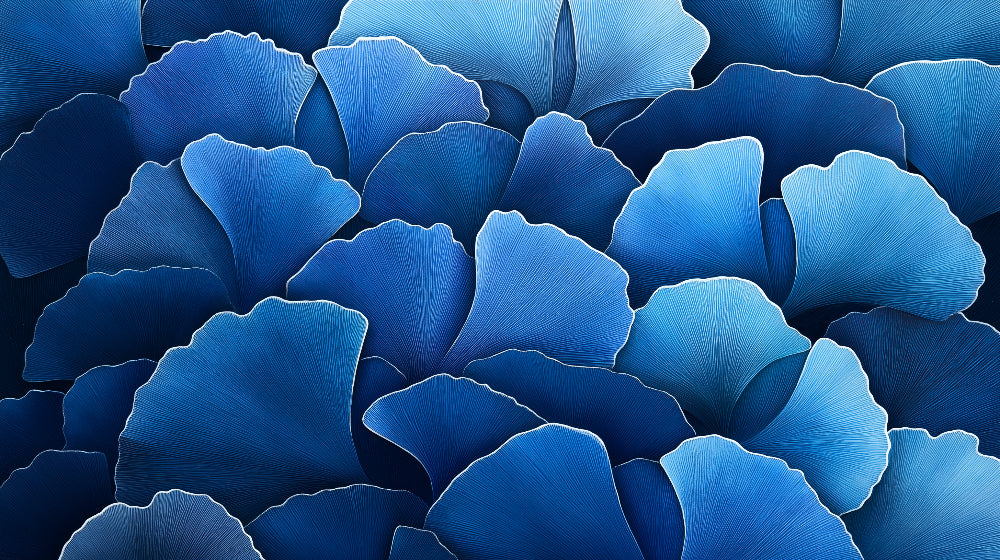 Blue Ginkgo leaf pattern design file showing detailed fan-shaped foliage in gradient navy to cerulean