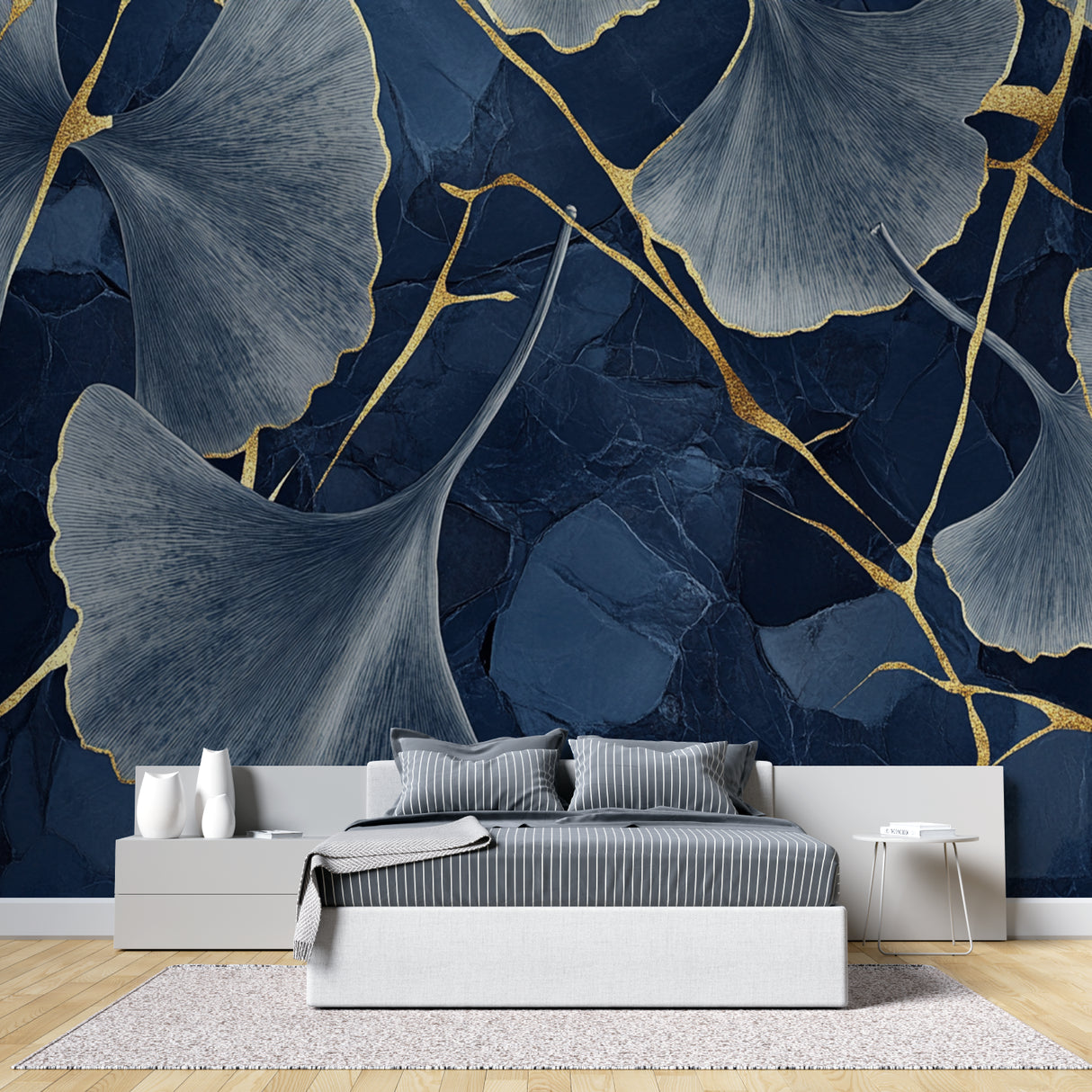 Navy and gold ginkgo leaf wallpaper in modern living room creating an elegant atmosphere