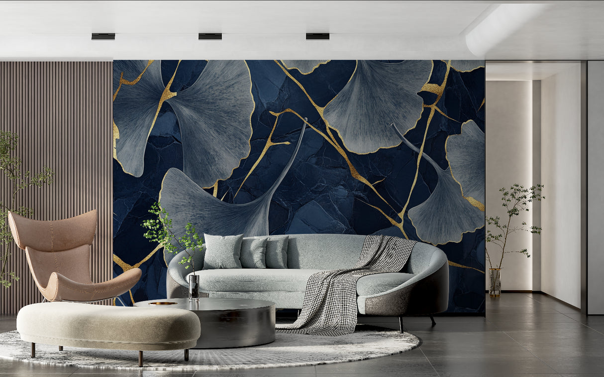 Luxury ginkgo wall mural showcased in master bedroom with gold accents