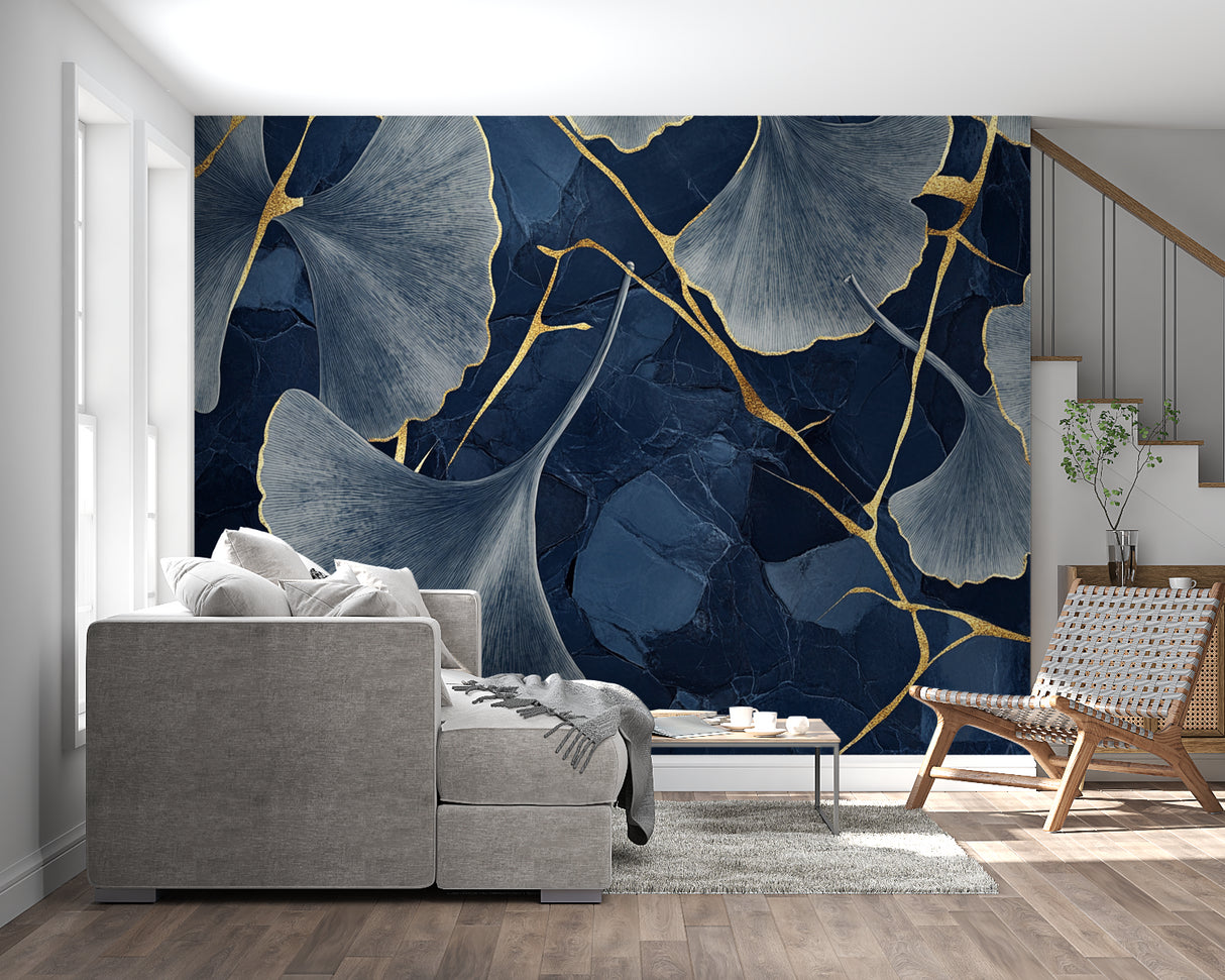 Botanical navy blue wallpaper transforming dining room with golden details