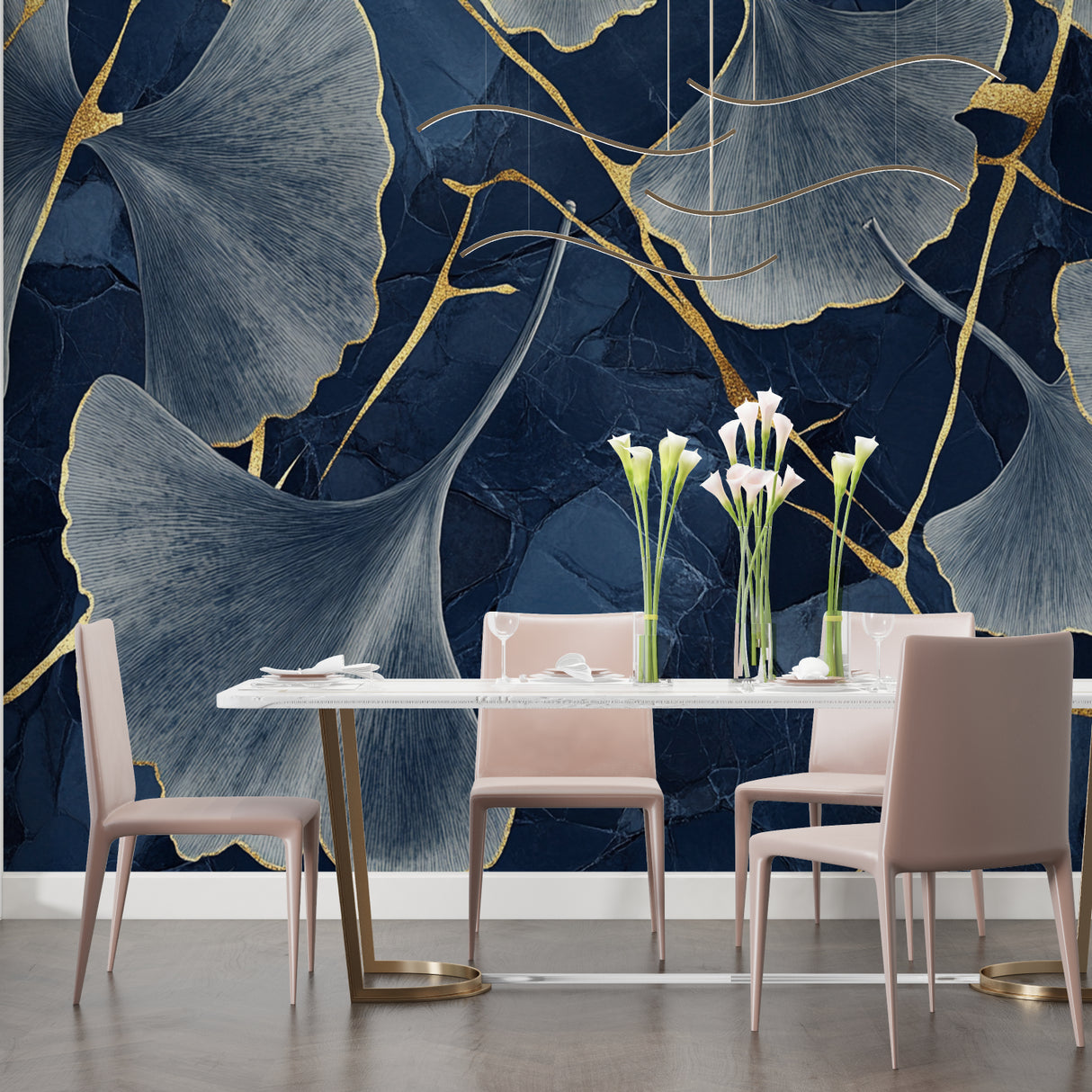 Navy and gold ginkgo pattern adding depth to home office space
