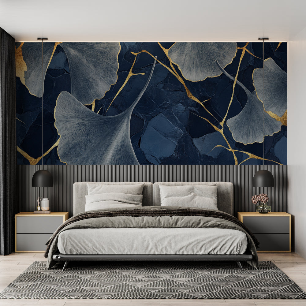 Modern ginkgo leaf mural creating focal point in entryway