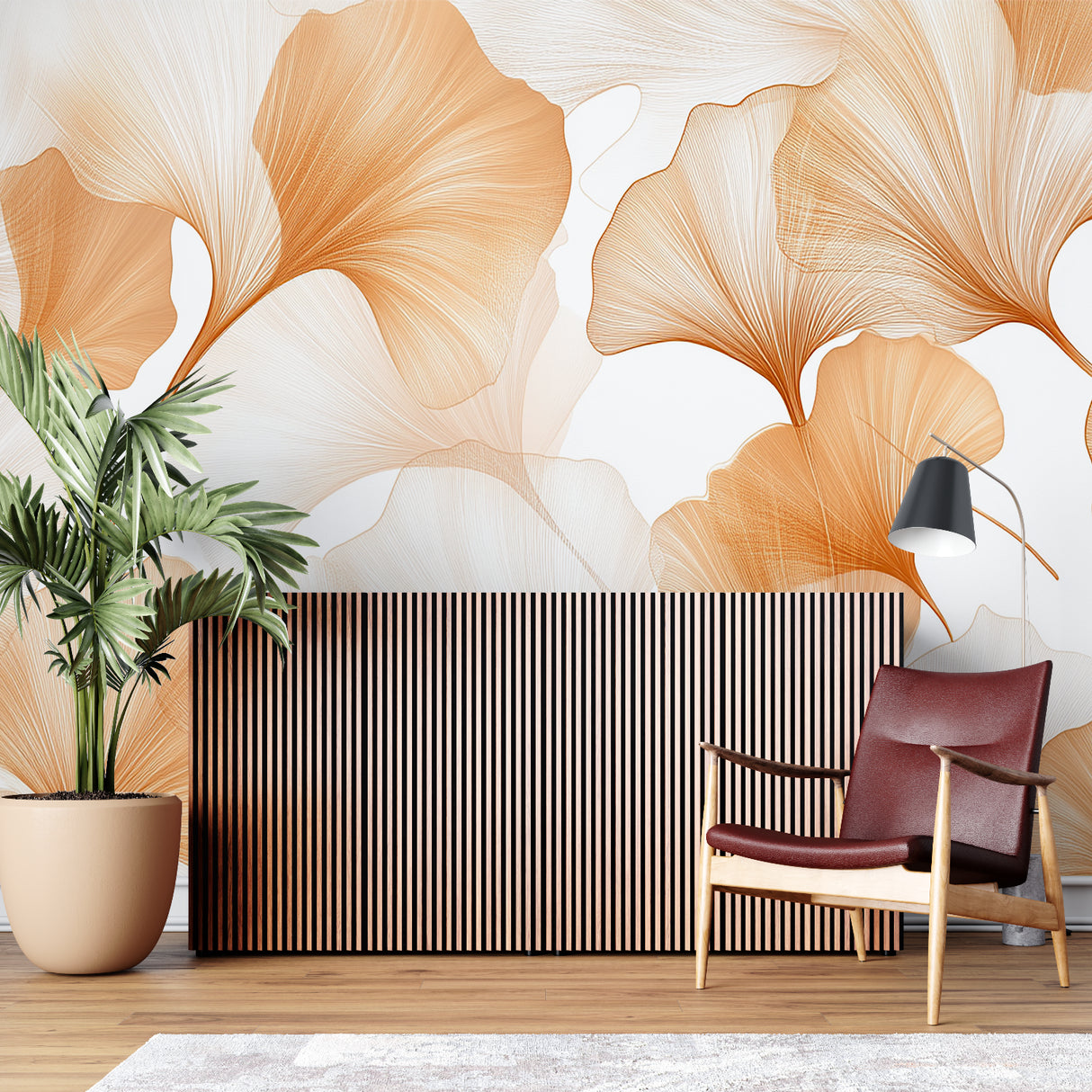 Terracotta Ginkgo leaf wallpaper in modern living room creating a peaceful atmosphere with natural light