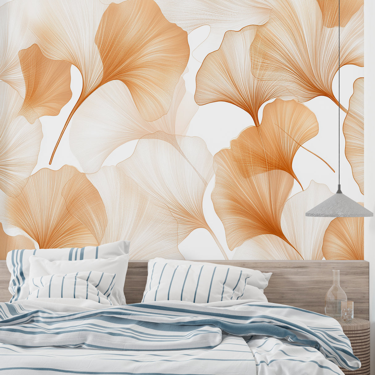 Botanical wall mural with fan-shaped leaves in cozy bedroom setting