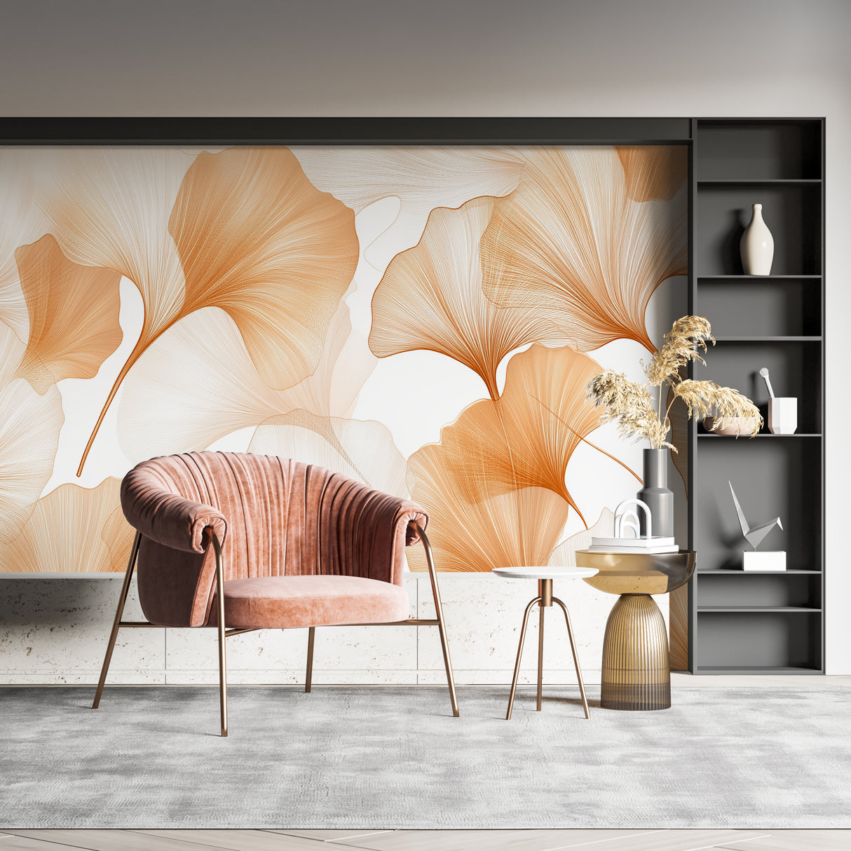 Ginkgo wallpaper making a statement in minimal dining room with warm terracotta tones