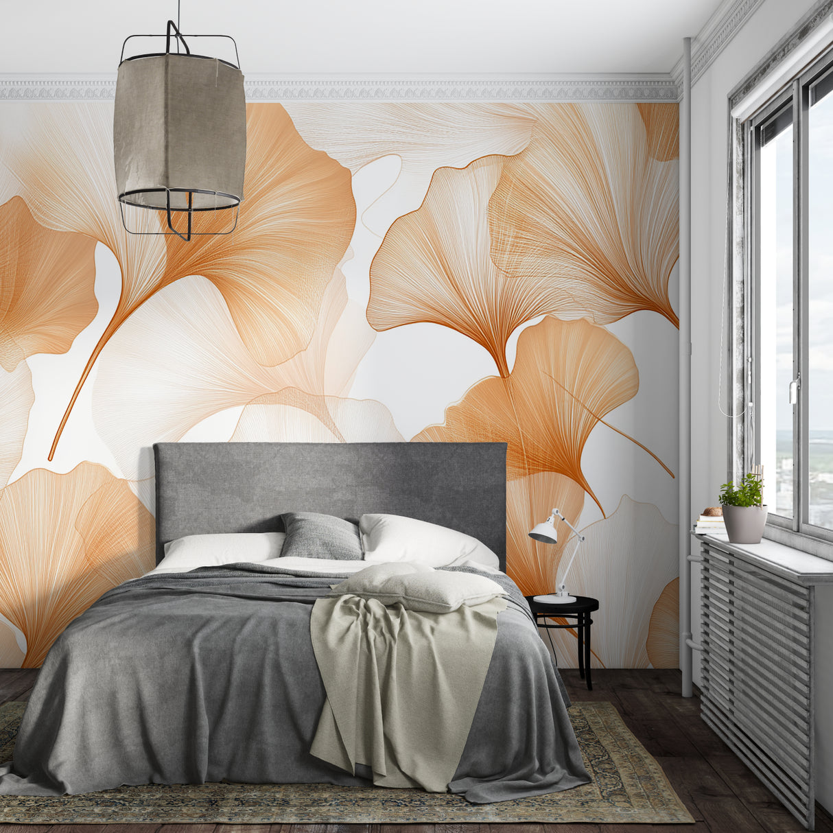 Nature-inspired mural in home office showing scale of ginkgo leaf pattern
