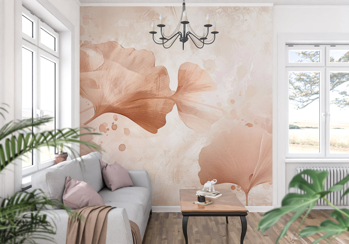 Botanical wall mural featuring ginkgo leaves in cozy bedroom setting