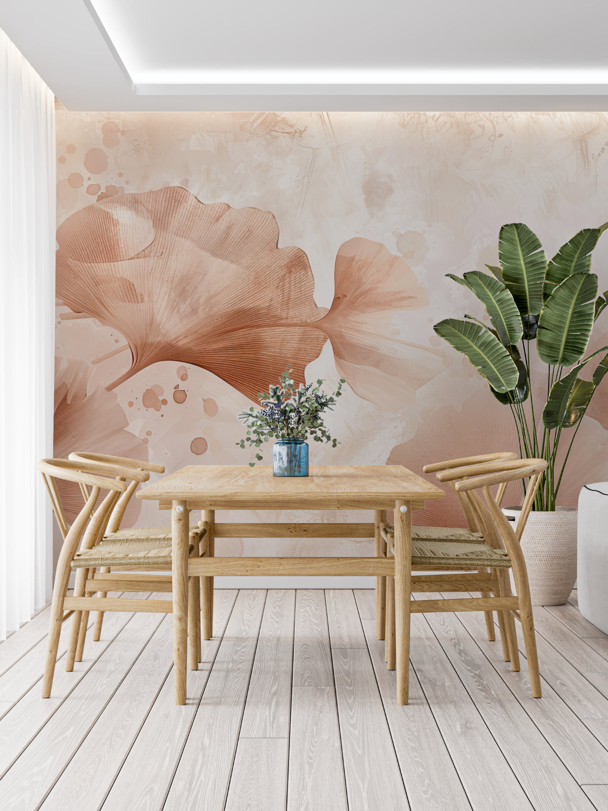 Terracotta ginkgo wallpaper creating warm atmosphere in dining room