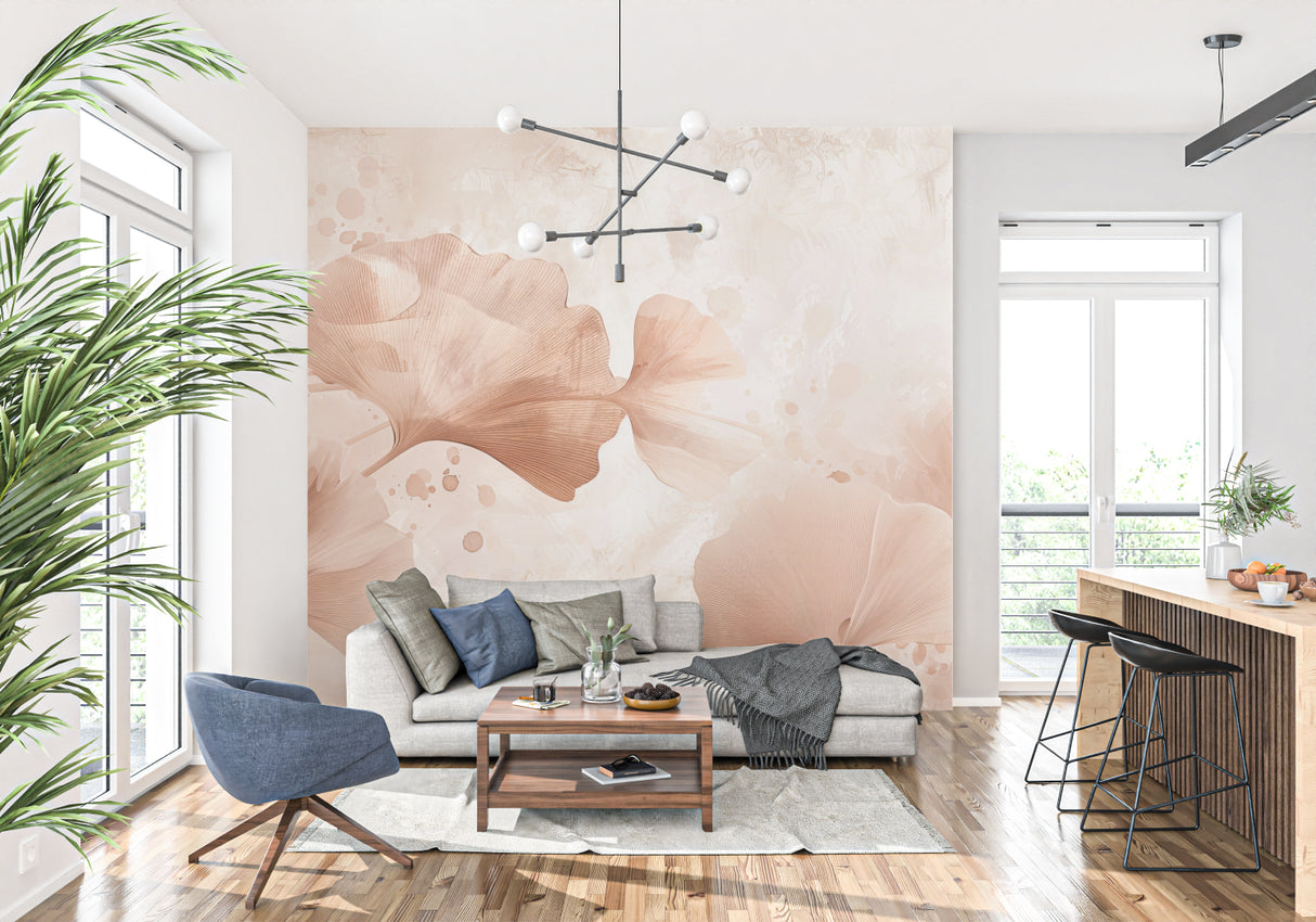 Ginkgo leaf mural in peaceful meditation room with natural decor