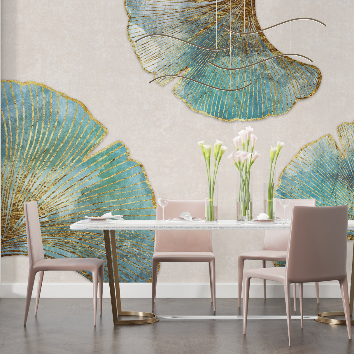 Ginkgo leaf wallpaper in modern living room showing turquoise and gold pattern catching natural light