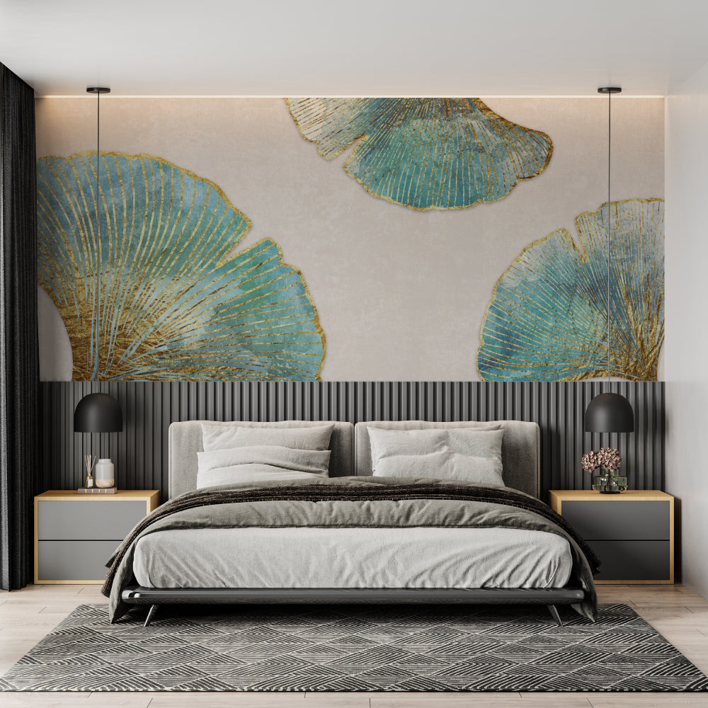 Art deco ginkgo mural creating elegant atmosphere in dining room with evening lighting