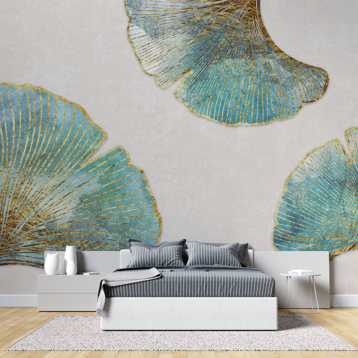 Master bedroom featuring turquoise and gold ginkgo leaf wallpaper behind bed