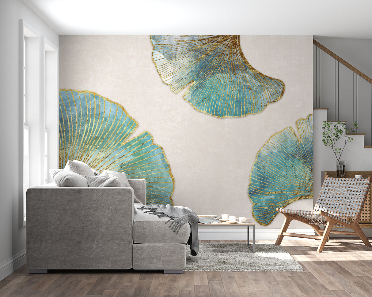 Hallway showcase of art deco ginkgo wallpaper with metallic gold details