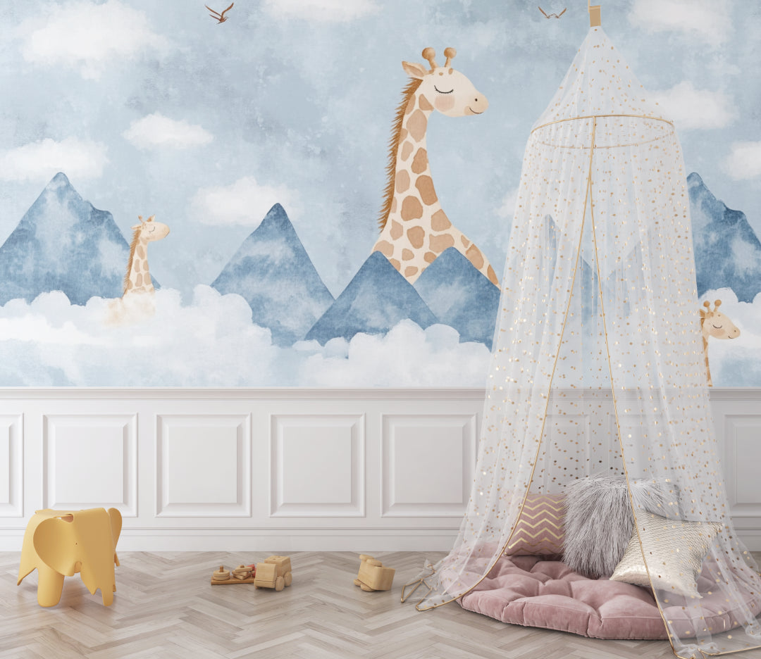 Giraffe wallpaper mural bringing magic to a modern nursery with soft mountain scenery and gentle colors