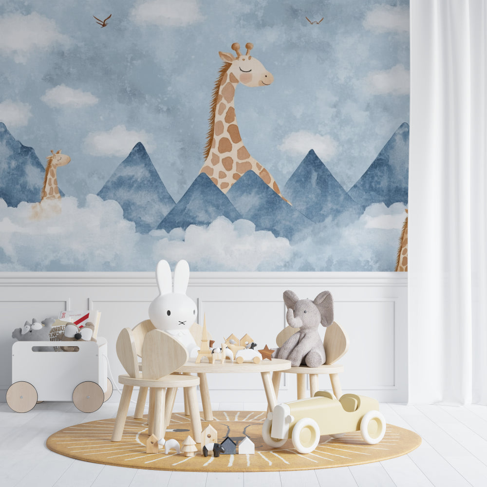 Kids bedroom featuring dreamy giraffe wallpaper with mountains, showing peaceful bedtime atmosphere
