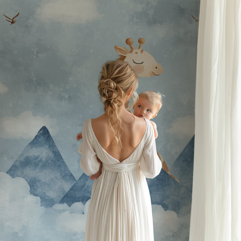 Baby nursery with safari giraffe wallpaper, displaying perfect blend with natural wood furniture