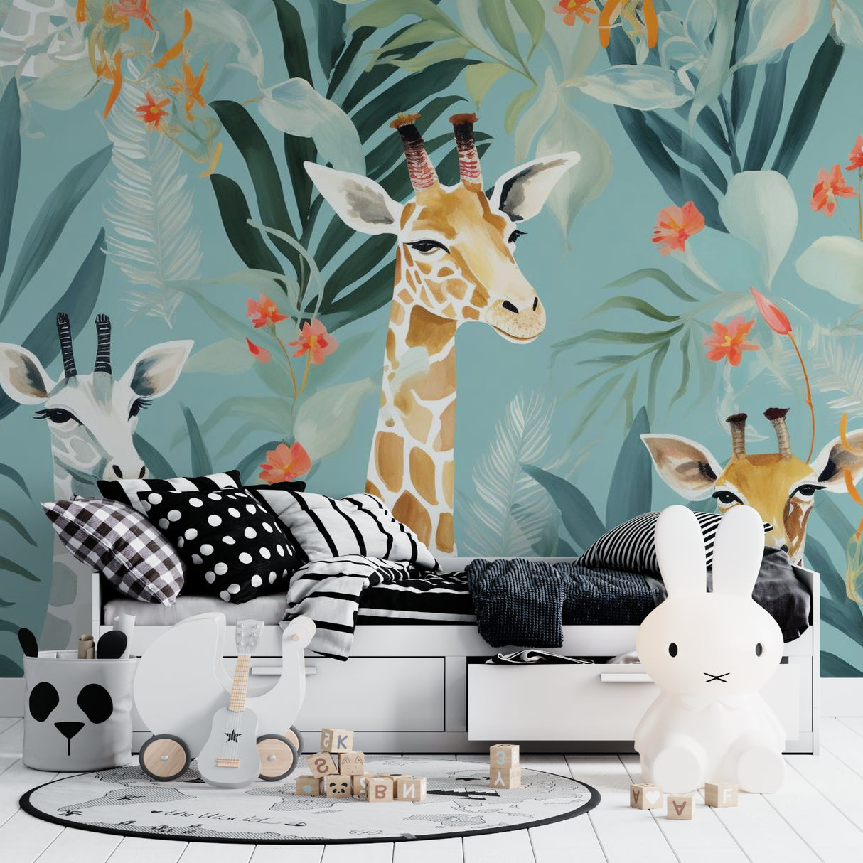 Giraffe Safari Wallpaper Mural in bright kids bedroom with white furniture and natural light
