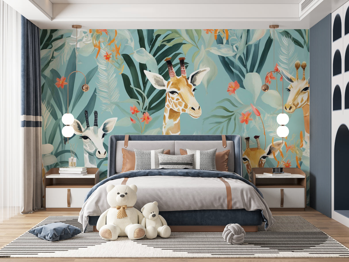 Safari Wallpaper featuring giraffes in modern nursery with wooden crib